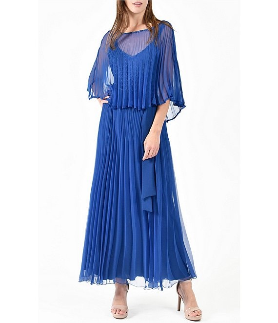 Komarov Sunburst Pleated Caplet Gown Navy