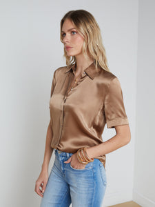 L'AGENCE - Ellah Short Sleeve Silk  Blouse - Dark Cappuccino