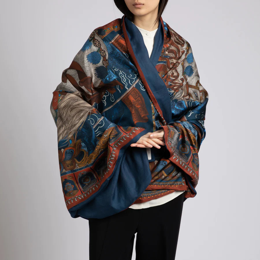 Sabina Savage - The Wind Horse Cashmere Lined Stole - Madder/Sky