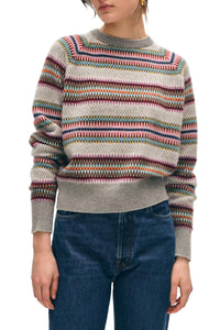 White + Warren - Cashmere Striped Multi Check Sweatshirt - Grey Combo