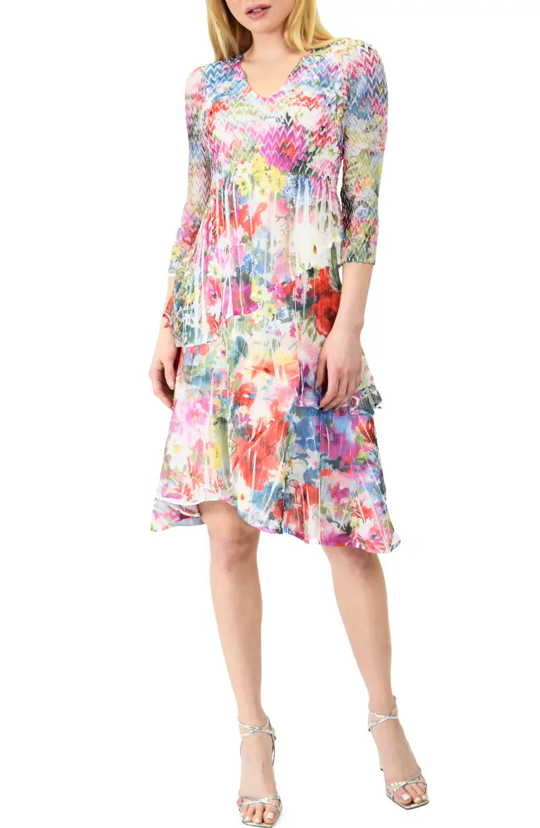 Komarov - Floral Three-Quarter Sleeve Layered Dress - Monet Floral