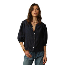 Load image into Gallery viewer, Road to Nowhere - Edith Embroidered Linen Blouse - Indigo Stripe
