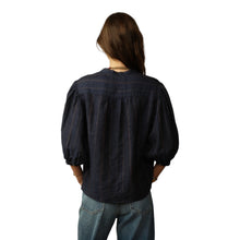 Load image into Gallery viewer, Road to Nowhere - Edith Embroidered Linen Blouse - Indigo Stripe

