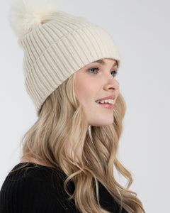 Alashan - 100% Cashmere Luxe Ribbed Fox Pompom Hat