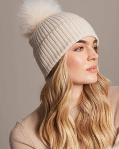 Alashan - 100% Cashmere Luxe Ribbed Fox Pompom Hat