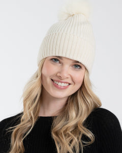 Alashan - 100% Cashmere Luxe Ribbed Fox Pompom Hat