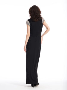 Emily Shalant - Crystal Cap Sleeved Stretch Crepe Gown - Black