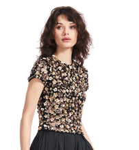 Load image into Gallery viewer, Emily Shalant - Crunchy Flower Hand Beaded Shirt - Black/Gold
