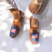 Load image into Gallery viewer, Old Sport Company - Men&#39;s Penny Loafer - Navy USA Flag/ Whiskey
