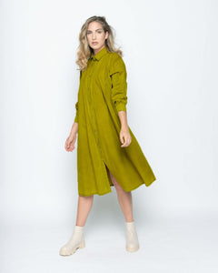 Baci - Wash Dyed Pleated Button-Up Shirt Dress - Chartreuse